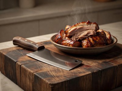 Soft-lit 3D render illustration of a heavy butcher block and cleaver beside braised pork cuts