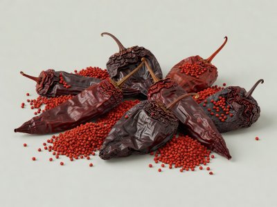 Soft-lit 3D render illustration of dried guajillo and ancho chiles with red achiote seeds