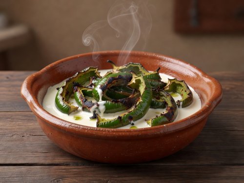 Soft-lit 3D render illustration of a glazed clay cazuela holding roasted poblano strips in cream