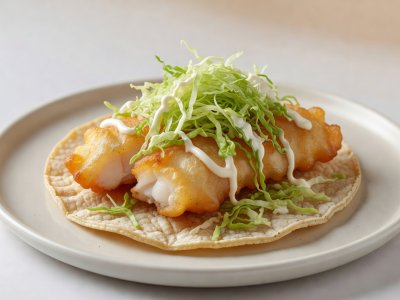 Soft-lit 3D render illustration of crisp battered fish fillets with shredded cabbage and crema