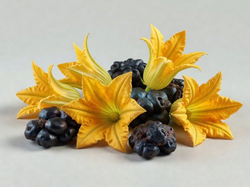Soft-lit 3D render illustration of fresh yellow squash blossoms and dark huitlacoche corn kernels