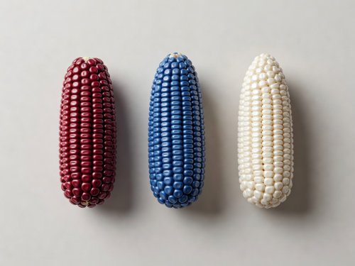 Soft-lit 3D render illustration of Bolita, Chalqueño, and Cónico landrace maize ears in red, blue, and white