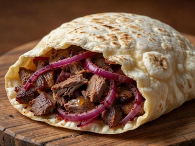 Soft-lit 3D render illustration of thin domed saj flatbread with sumac onions and roasted meat