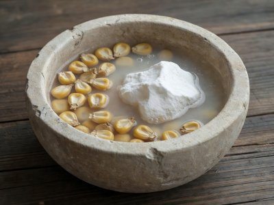 Soft-lit 3D render illustration of dried corn kernels soaking with white slaked lime rock