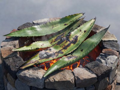 Soft-lit 3D render illustration of roasted green maguey agave leaves over a stone pit