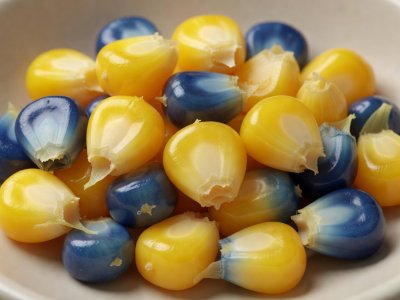 Soft-lit 3D render illustration of swollen yellow and blue nixtamal kernels after washing