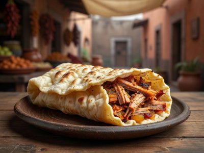 Soft-lit 3D render illustration of a thick Puebla pan arabe flatbread wrapped around spiced pork