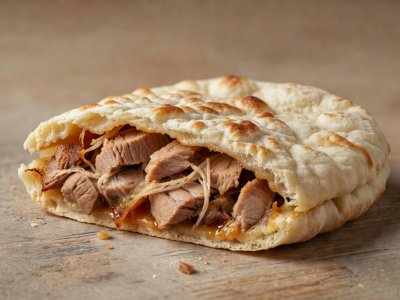 Soft-lit 3D render illustration of a crisp baked Shaanxi baijimo flatbread stuffed with braised pork