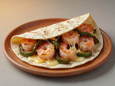 Soft-lit 3D render illustration of griddled shrimp, poblano strips, and melted cheese in a folded tortilla