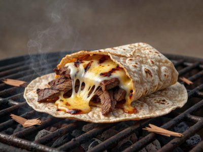 Soft-lit 3D render illustration of mesquite-grilled beef and melted cheese on a wheat tortilla