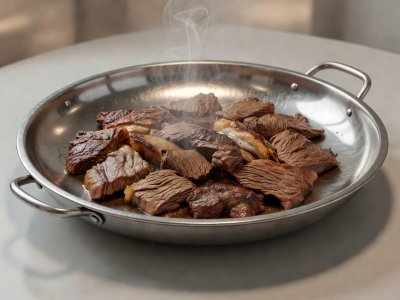 Soft-lit 3D render illustration of a convex stainless steel choricera comal with braised beef cuts