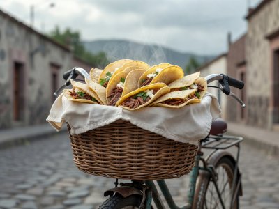 Soft-lit 3D render illustration of a cloth-lined wicker basket filled with steamed folded tacos