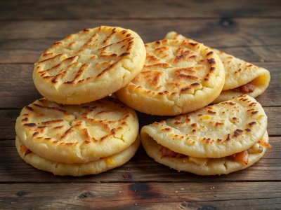 Soft-lit 3D render illustration of thick griddled maize arepas and folded salvadoran pupusas