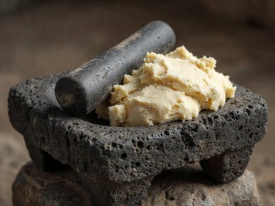Soft-lit 3D render illustration of a basalt metate grinding stone and fresh masa dough